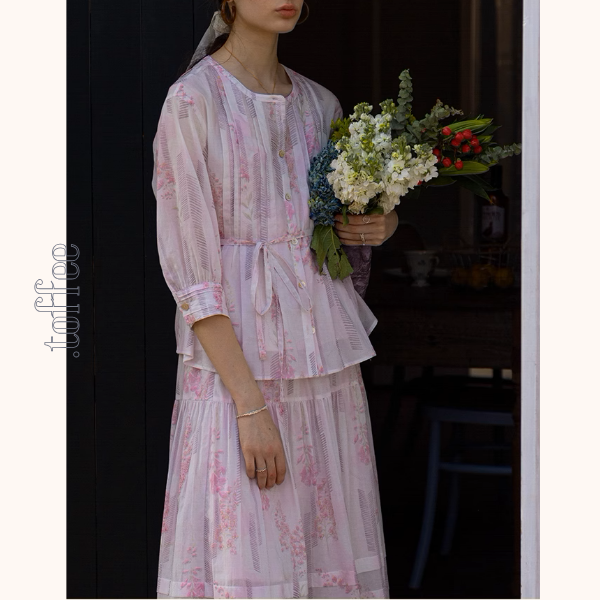 桜ピンクプリーツシャツ&ミモレ丈ティーアドスカートセットアップ《Z00867》