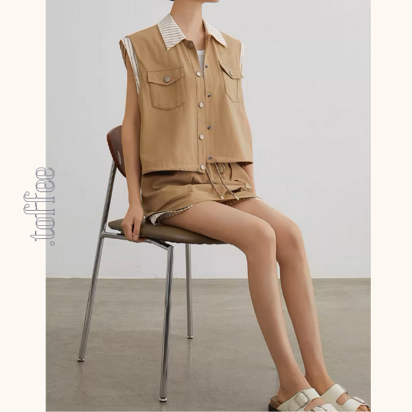 ストライプディテールレイヤード風ベスト&ドローストリングハーフパンツセットアップ《Z00943》