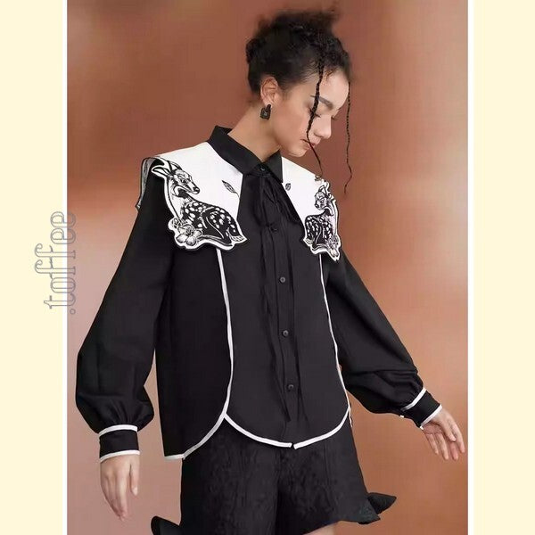 月明かりのバンビが佇む:深い森の中のオリエンタルカウボーイブラウス C0187