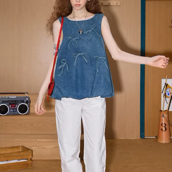 リボン装飾ノースリーブデニムトップ《Z00898》