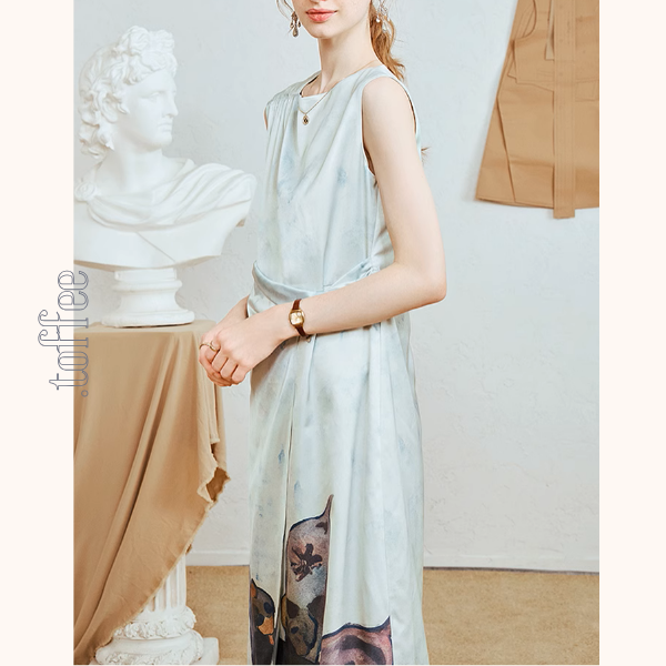 ミルクを飲む子犬プリントのノースリーブワンピース《Z00964》