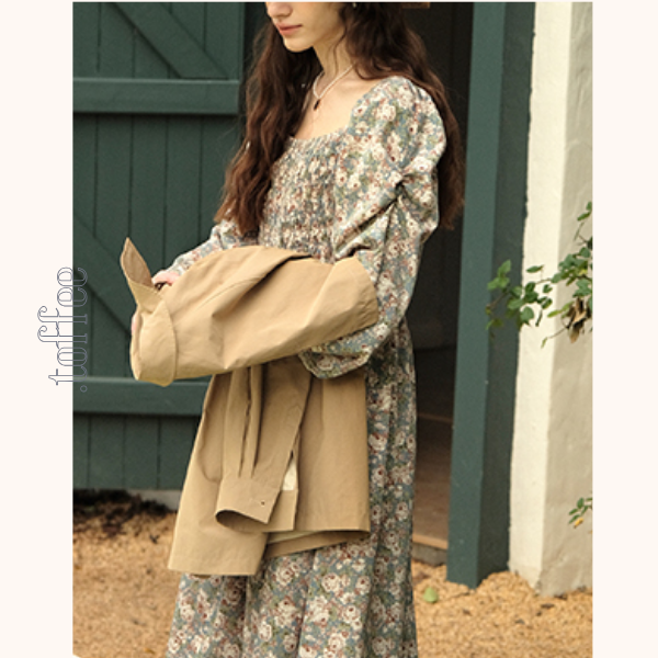 小花柄パフスリーブミモレ丈ワンピース 《Z00745》