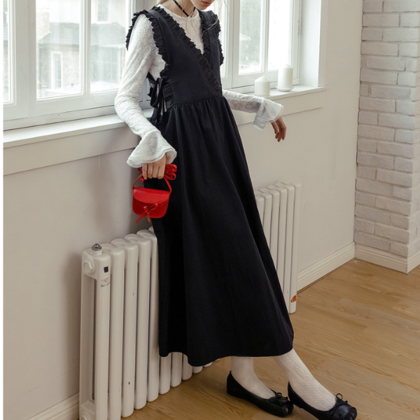 Vネックフリルロングワンピース Z00139