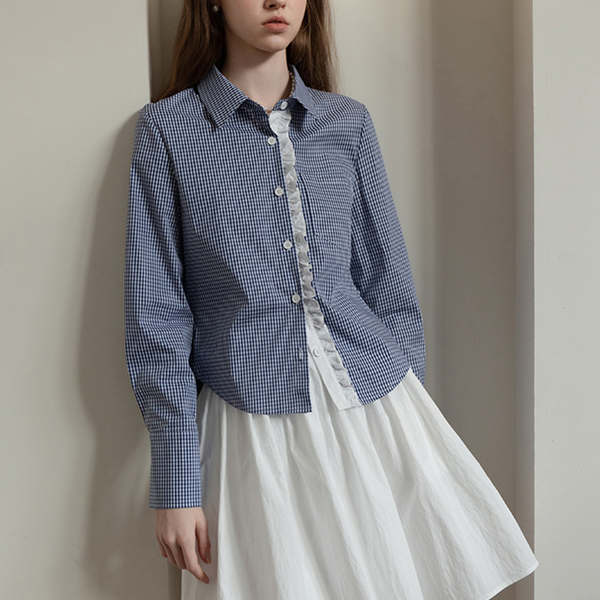 ギンガムチェック柄レースディテールシャツ 《Z00739》