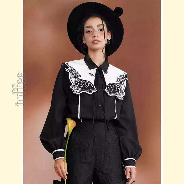 月明かりのバンビが佇む:深い森の中のオリエンタルカウボーイブラウス C0187