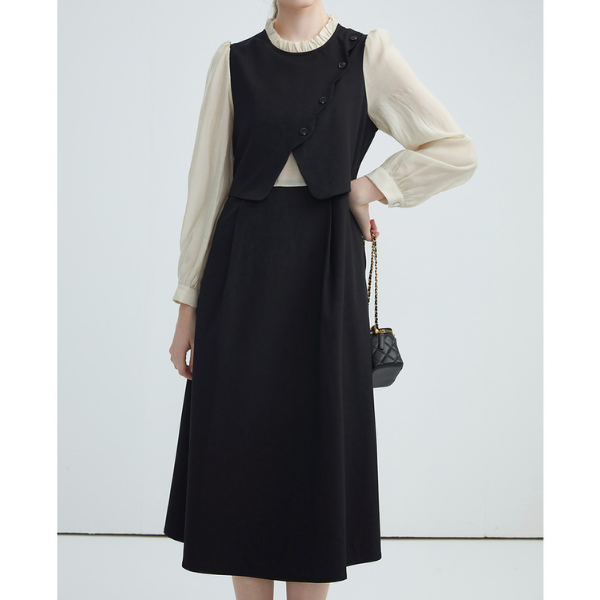 【3color】フェイクツーピース パールエッジワンピース X-424