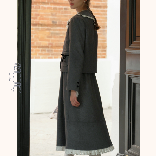 リボン&レースジャケット&Aラインミディ丈フレアスカートセットアップ 《Z00782》