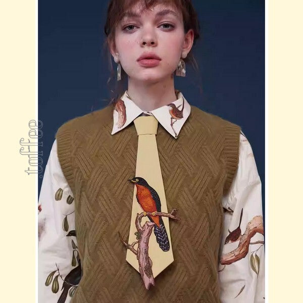 【3color】自由を纏う:手仕事の鳥刺繍タイ C0179