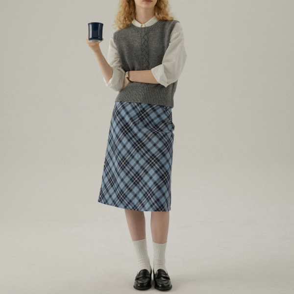 タータンチェックハイウエストミドル丈スカート X-440