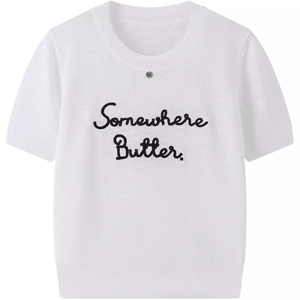 【7color】レター刺繍入りクルーネック半袖ニット Z00393