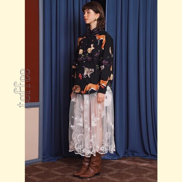 舞い踊る鳥達:幻想的レトロレース ロングスカート 《C0215》