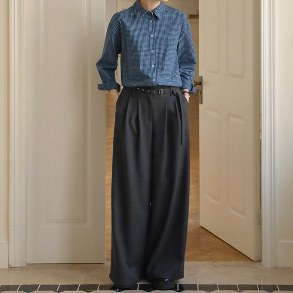 Vネックシングルブレストショートベスト&ハイウエストワイドスーツパンツセットアップ《Z00889》