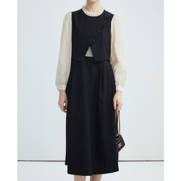 【3color】フェイクツーピース パールエッジワンピース X-424