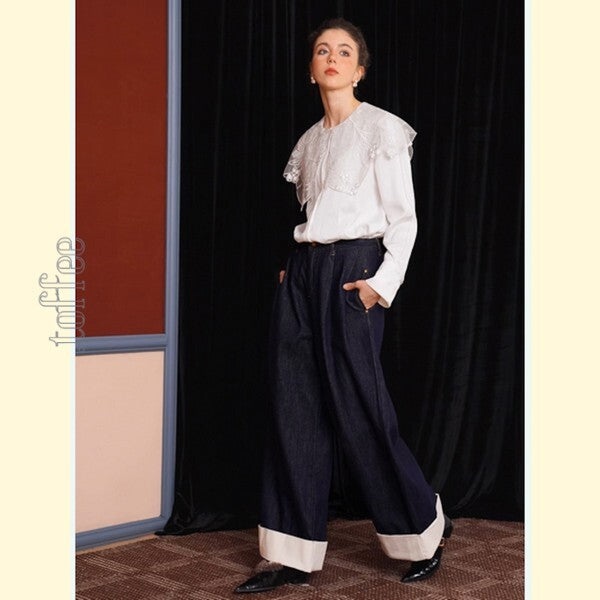 【2color】大人のエレガンス:美シルエットのワイドレッグデニムパンツ 《C0200》