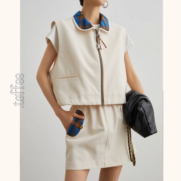 フロントジップアップベスト&ミニスカートセットアップ《Z00947》