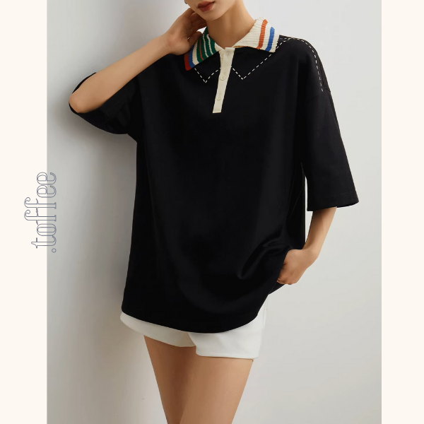 カラフルポロカラーオーバーサイズトップ&ホワイトショートパンツのセットアップ《Z00944》