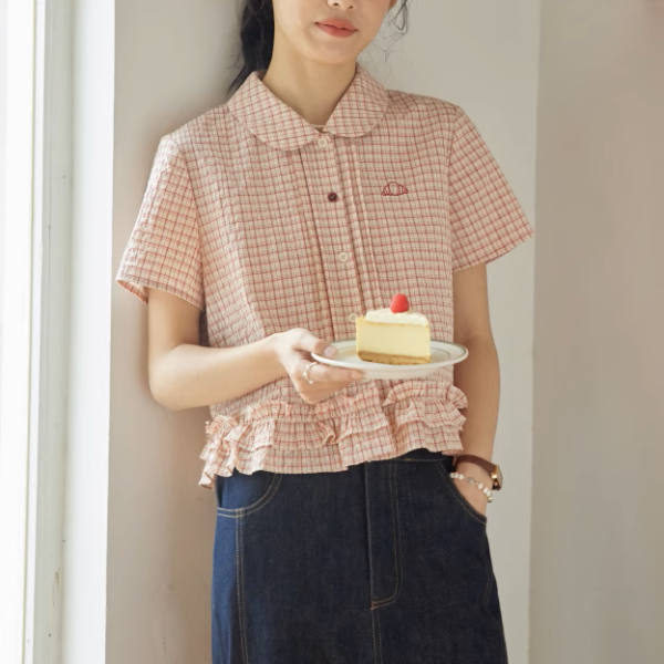 ラッフルヘムクロップドチェックシャツ《Z01021》
