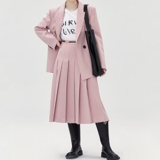 オーバーサイズジャケットとプリーツスカートのピンクセットアップ X-404