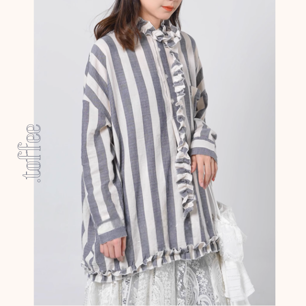 【2color】ストライプ柄フリル装飾シャツ《Z00894》