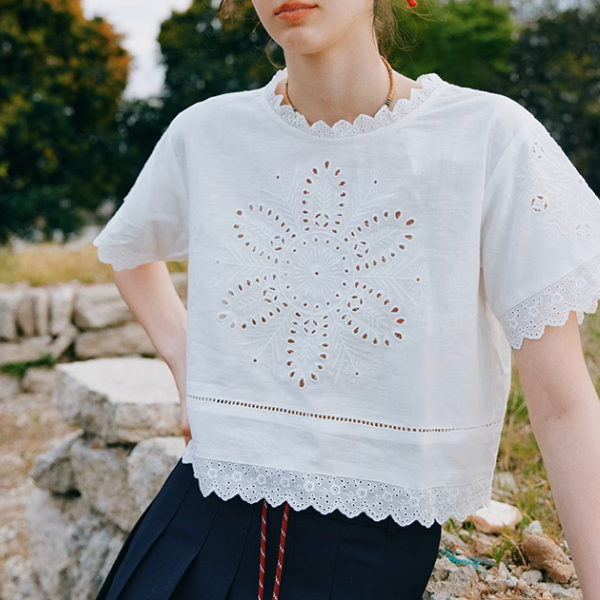 カットワークレースボックス型クロップドTシャツ《Z01002》