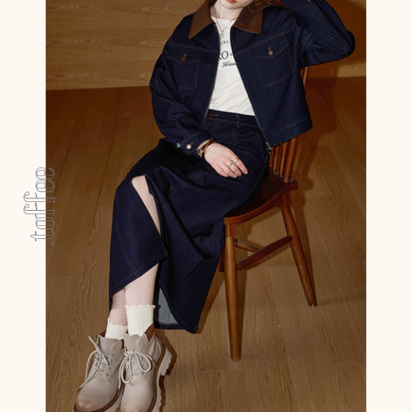 ジップジャケット&フロントスリットロングスカートのデニムセットアップ Z00475