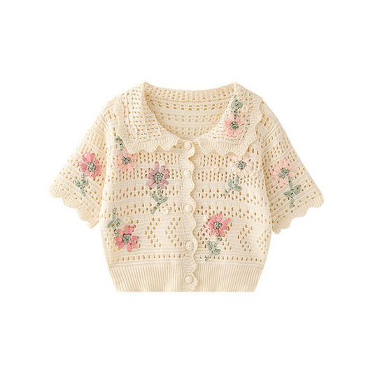 小花刺繡入りかぎ針編みニットトップ Z00216