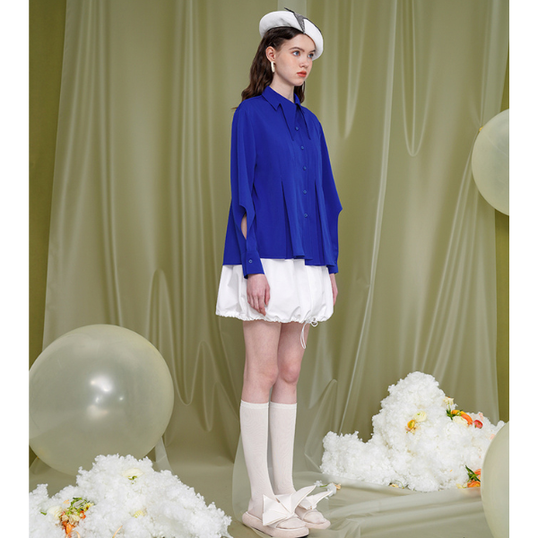 【4color】デザインラペルディープスリーブカットブラウス X-197