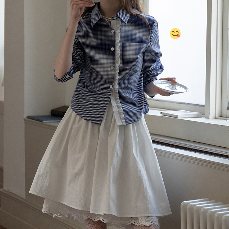 ギンガムチェック柄レースディテールシャツ 《Z00739》