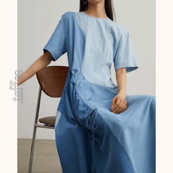 パッチワークアシメトリードローストリングロングワンピース《Z00950》