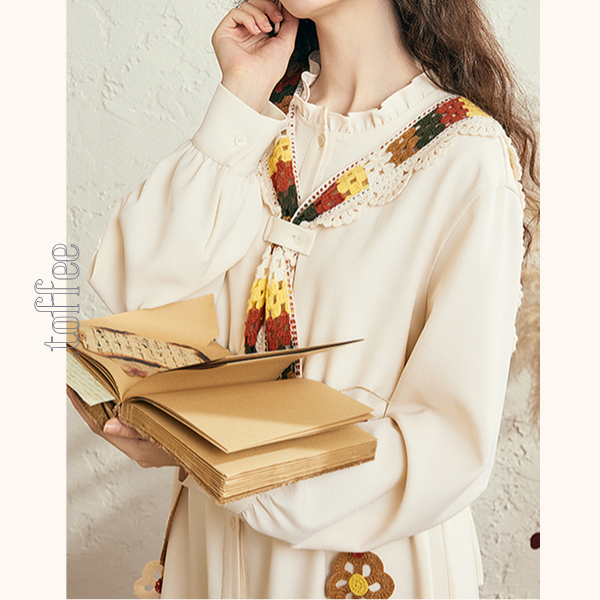 マルチカラーかぎ編みレースタイ付きAラインワンピース 《Z00678》