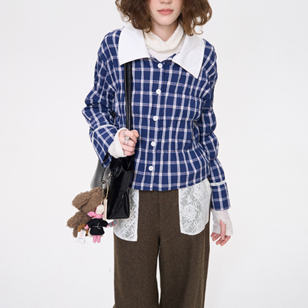 レースディテールチャック柄ブルーシャツ 《Z00636》