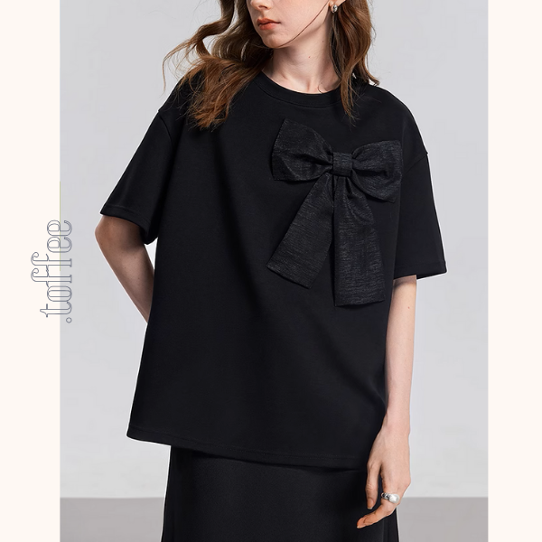 【2color】ビッグリボンクルーネック半袖Tシャツ《Z00933》