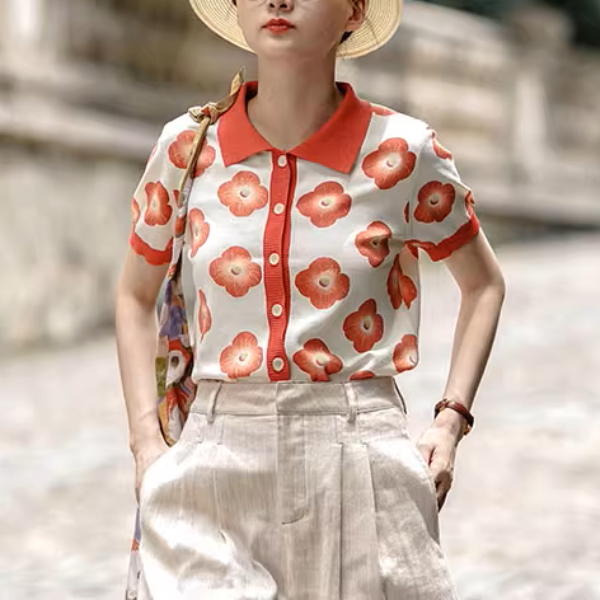 【2color】フラワープリントバイカラーポロシャツ《Z00981》