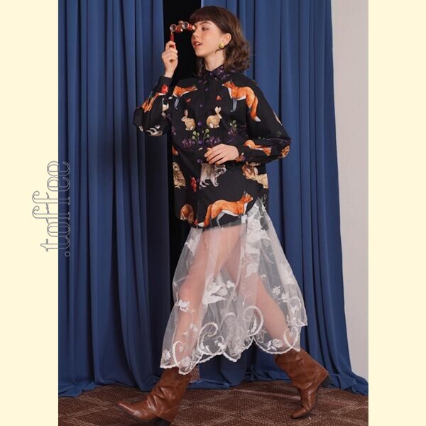 舞い踊る鳥達:幻想的レトロレース ロングスカート 《C0215》