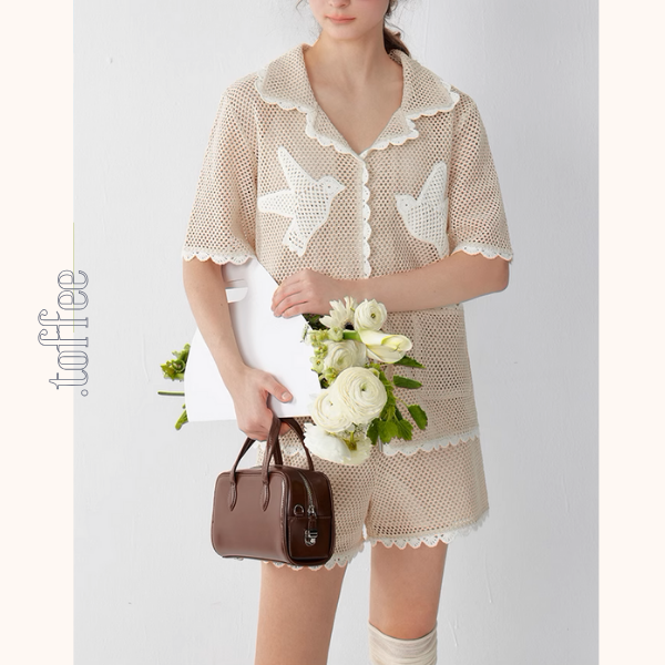 バードモチーフメッシュシャツ&ショーパンツセットアップ《Z01014》