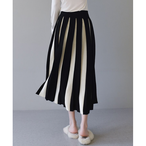 【6color】バイカラープリーツスカート w-079