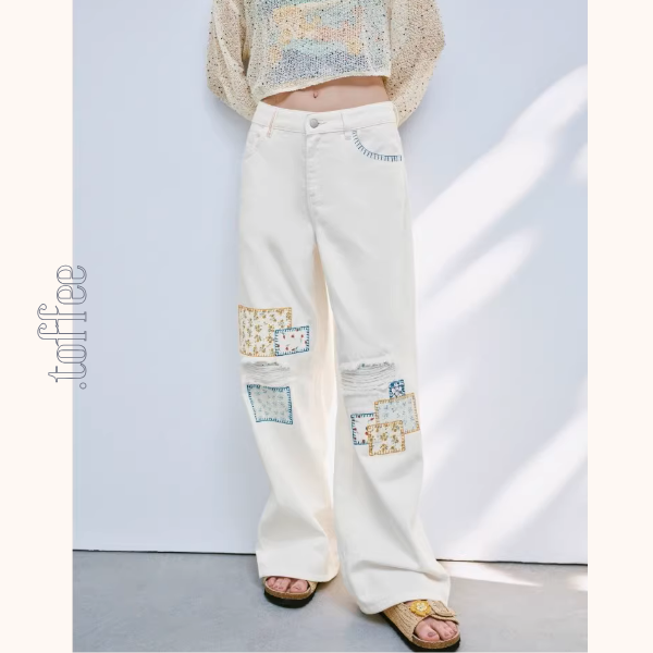 パッチワーク小花刺繍ワイドパンツ《Z01033》