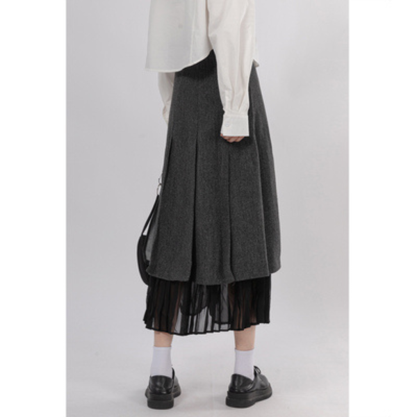 【3color】プリーツドッキングスカート X-014