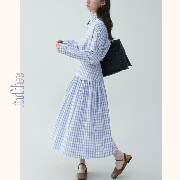 チェック柄Aラインロングシャツワンピース《Z00839》