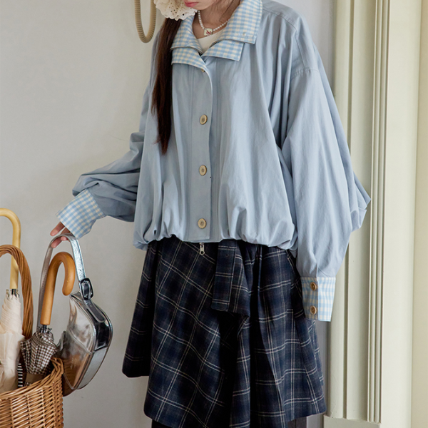 無地×ギンガムチェックのコントラストカラーバルーンジャケット 《Z00765》