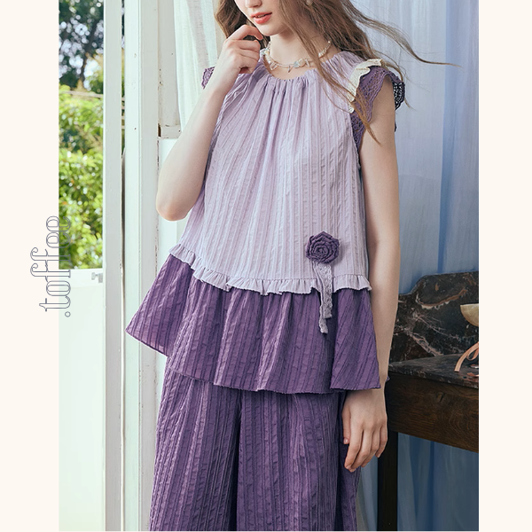 フリルスリーブトップ&ワイドパンツセットアップ《Z00966》