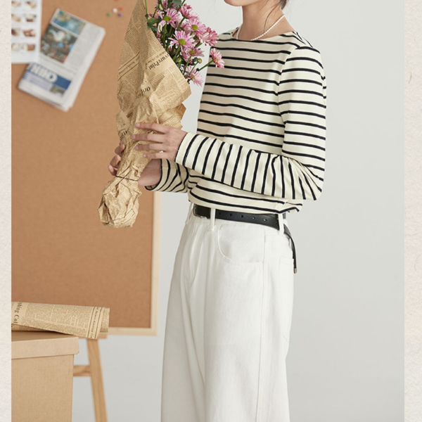 【2color】ストライプコットンロングTシャツ Z00200