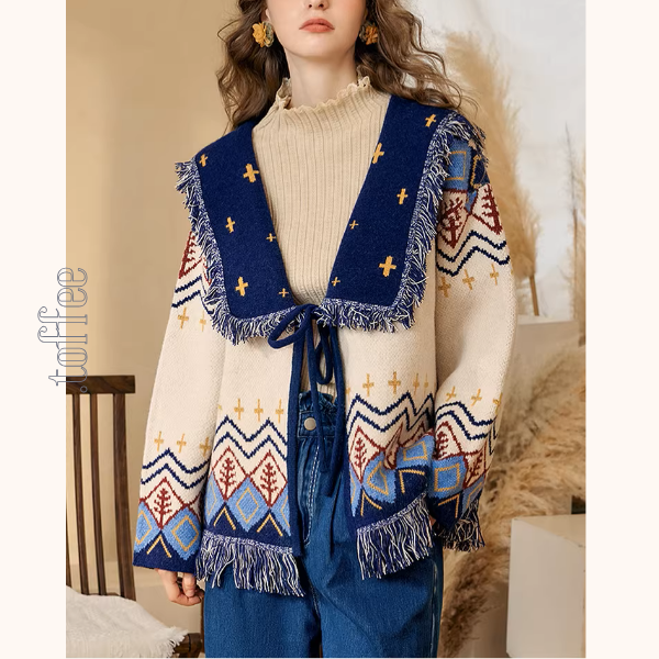 フリンジ襟のレトロフェアアイルカーデ《Z01243》