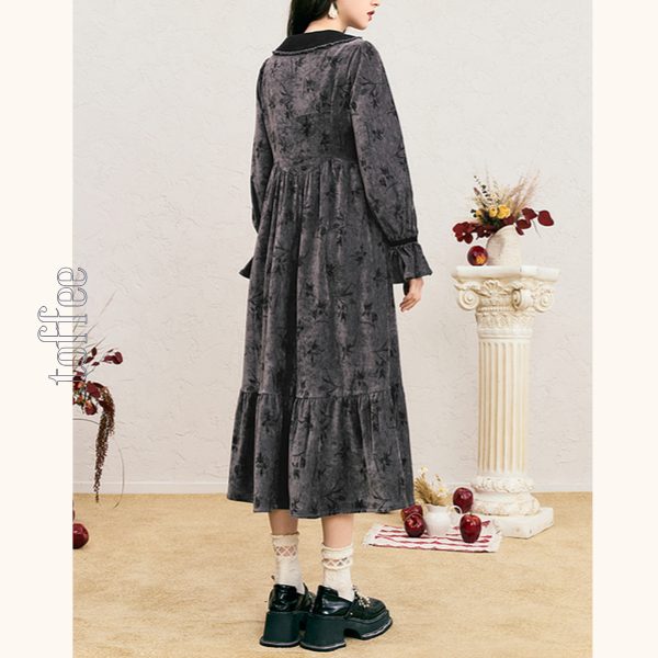 コーデュロイブラックロングワンピース 《Z00689》