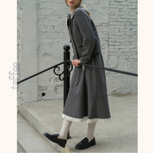 リボン&レースジャケット&Aラインミディ丈フレアスカートセットアップ 《Z00782》