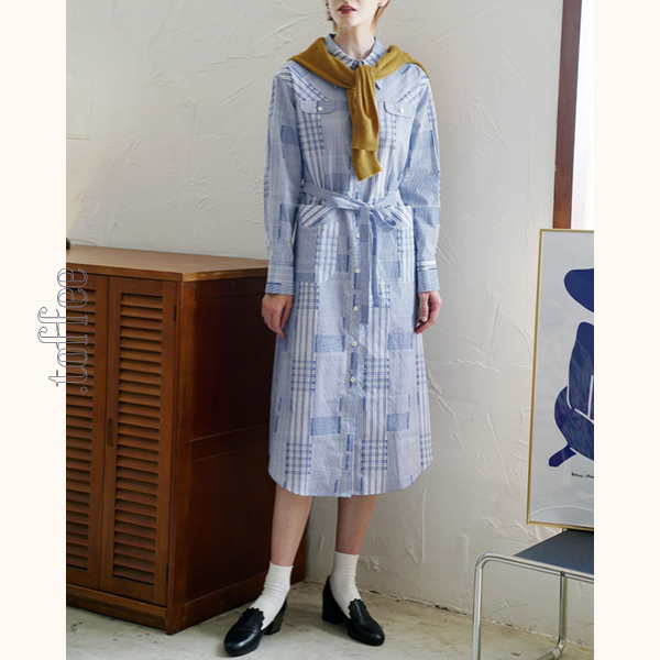 チェック柄パッチワークシャツワンピース Z00469