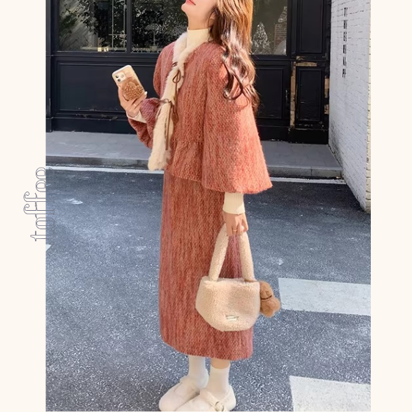 淡紅ファーリボンジャケット&ミモレ丈スカートのセットアップ《Z01268》