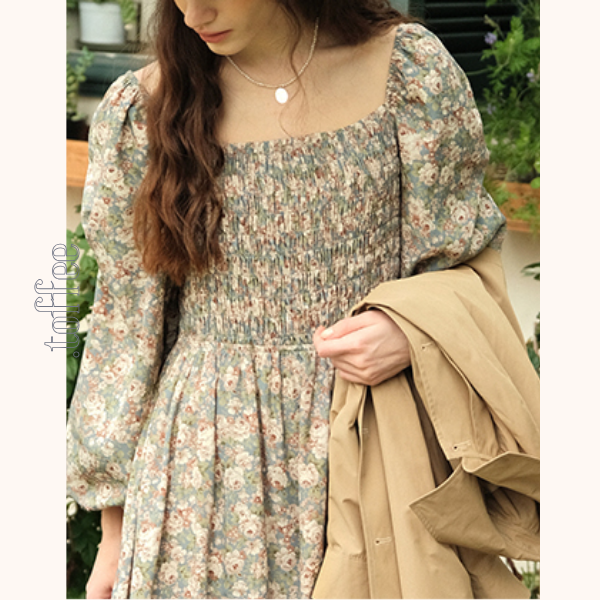 小花柄パフスリーブミモレ丈ワンピース 《Z00745》