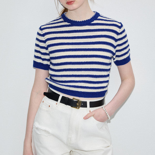 ハーフクルーネックストライプニットトップ Z00320