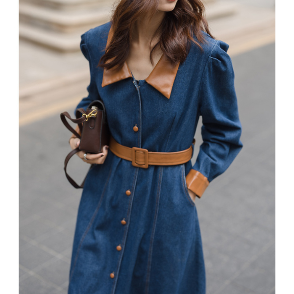 異素材ミックスバイカラーデニムワンピース AU-225